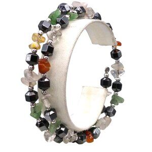 Vintage Semi Precious Gemstone Chips Memory Wire Bracelet with Faceted Hematite